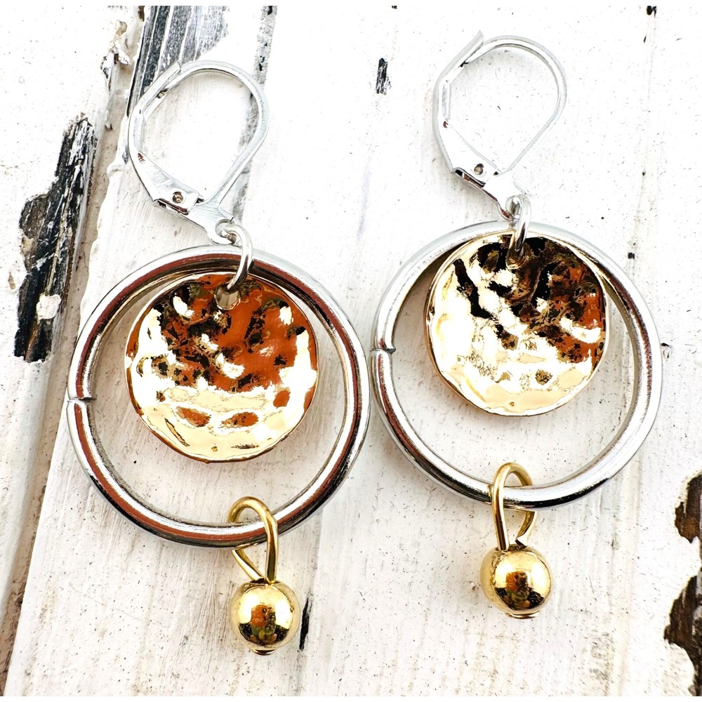 Round Silver Tone Ring Leverback Earrings with Gold Tone Discs and Beads